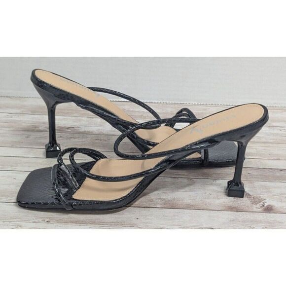 Viviany Womens Size 8 Black Leather Open Toe Slip On Slide Spool 3.5" Heels - Picture 3 of 9